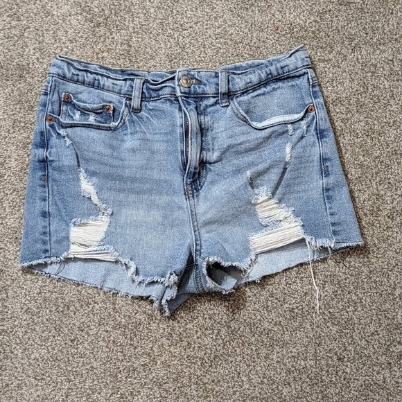 REWASH #bemore, Blue Denim Distressed Cut-Off High Rise Jean Shorts; Size 5/27 - Picture 1 of 5